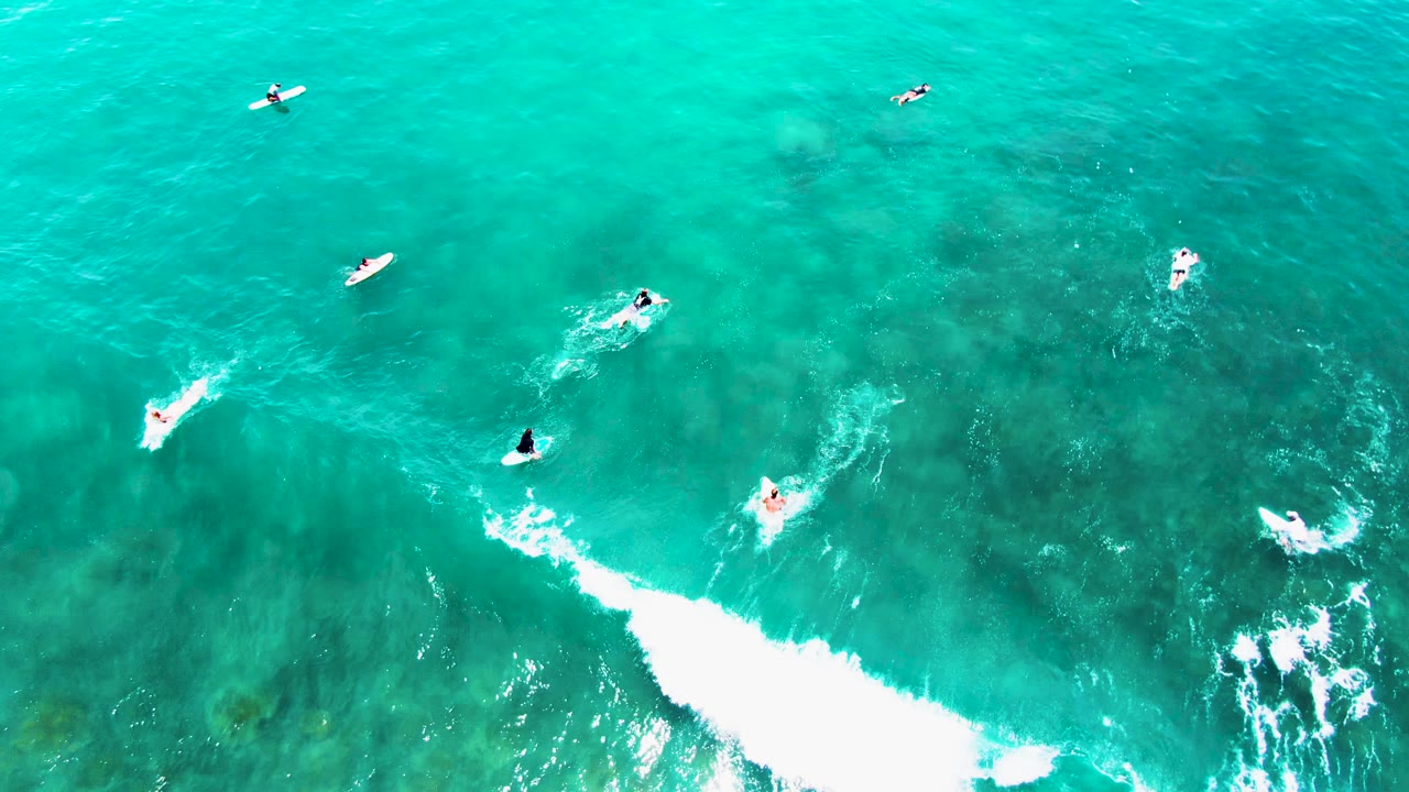 Overhead drone view at Punta Buzzards, Baja California Sur, Mexico, with several small surfers on boards spread across turquoise water as a white foamy wave enters the lower left.