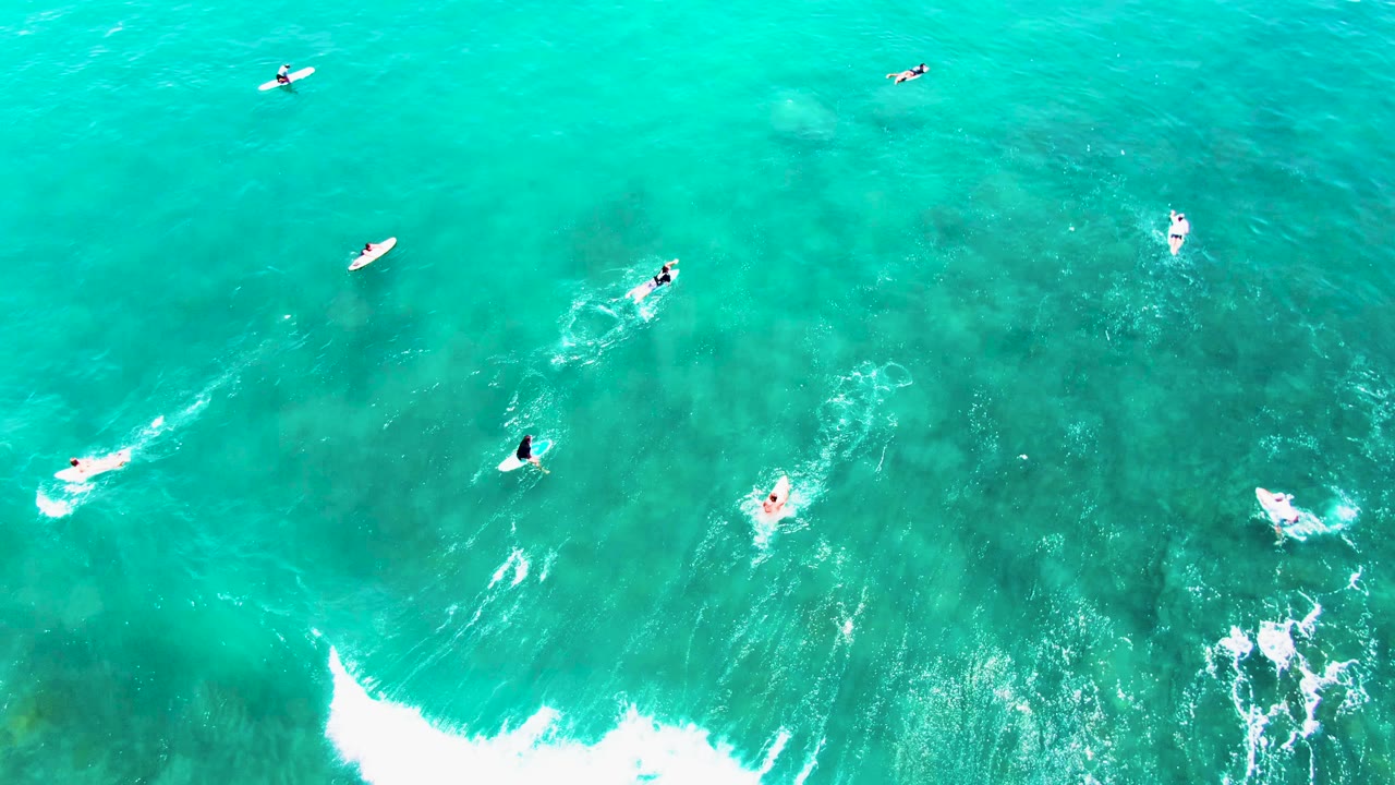 Surfers paddle above clear turquoise water as a white wave breaks near the lower center.