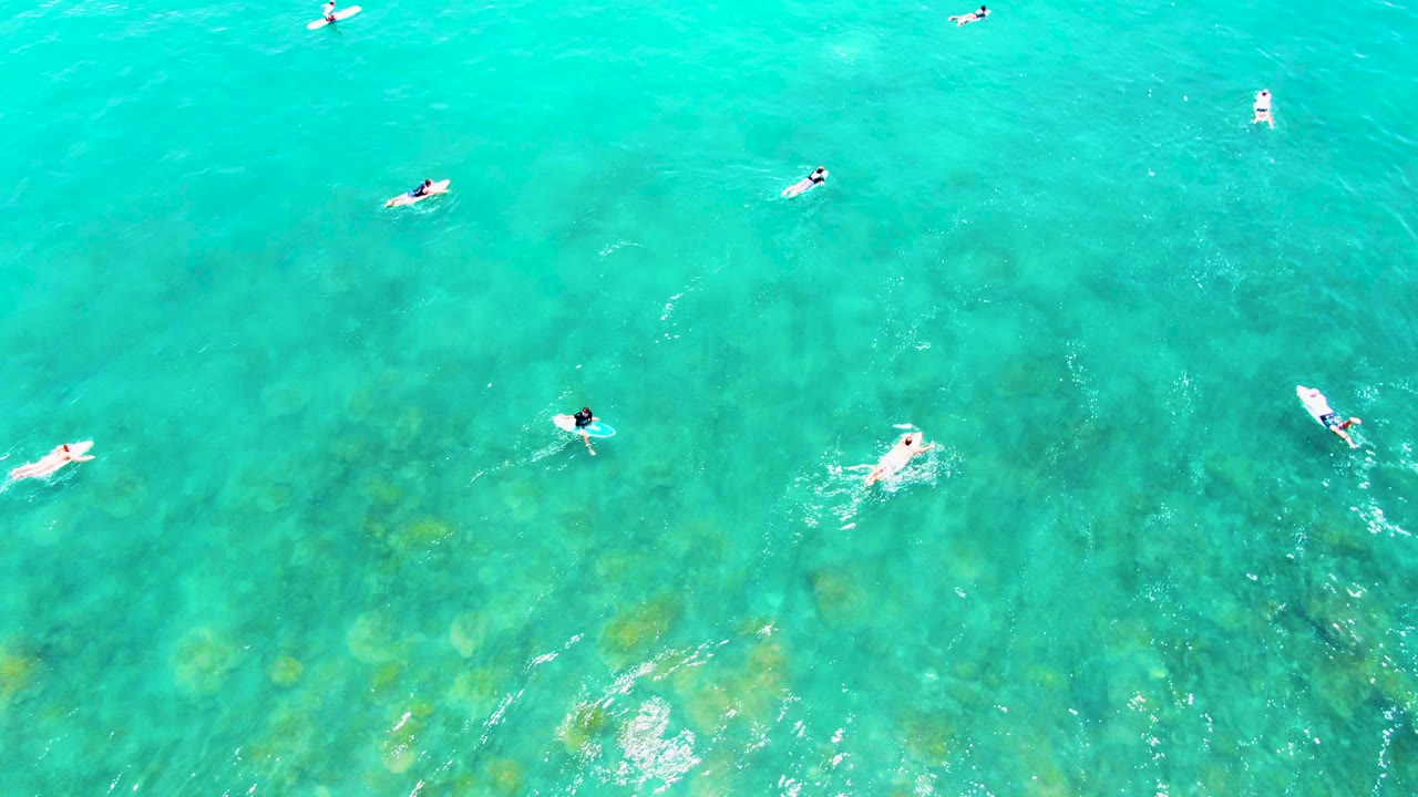 Overhead frame from Punta Buzzards showing scattered swimmers in clear turquoise ocean water with darker seabed patches visible below.