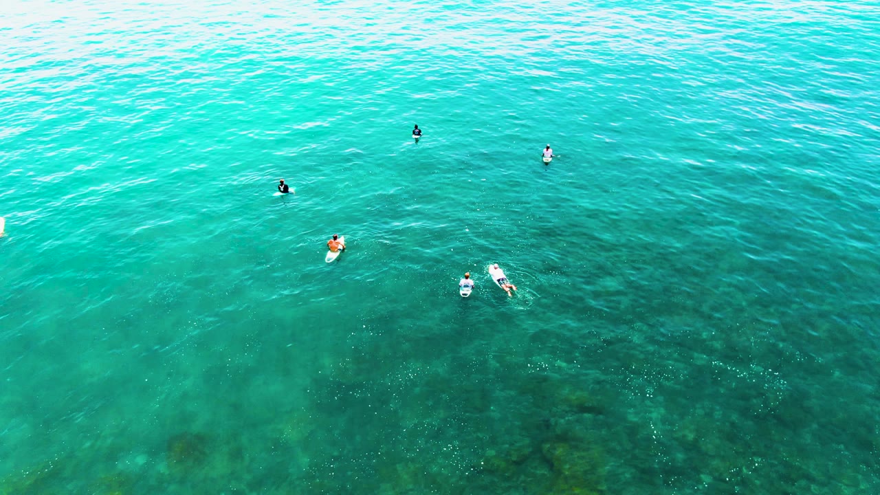 Swimmers floating above clear turquoise water.