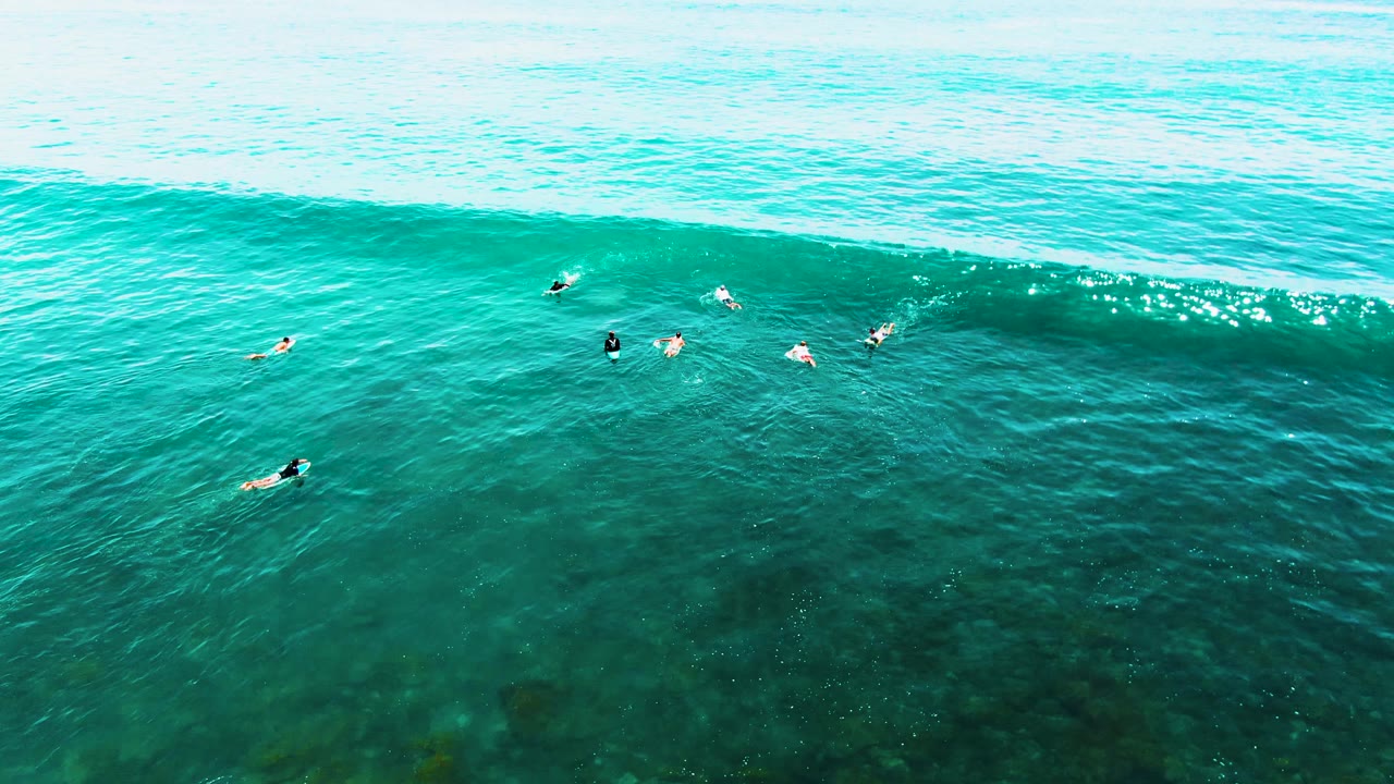 Aerial view at Punta Buzzards, Baja California Sur, with small distant surfers spread across clear turquoise water as a dark green wave begins to form.