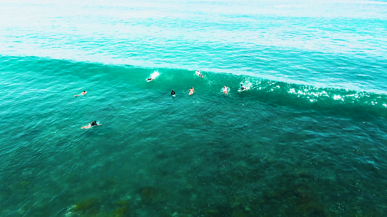 Aerial overhead frame from Punta Buzzards showing several distant surfers and boards near the crest line of a rising turquoise wave in clear ocean water.