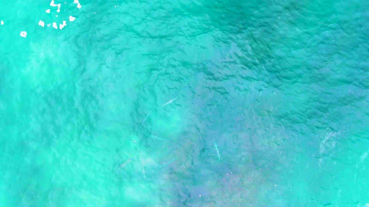 Overhead Buzzards Beach water frame with turquoise ripples, pale seabed areas, faint thin fish-like marks, and no visible people.