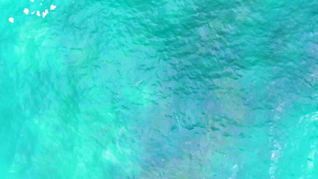 A later overhead frame shows brighter turquoise surface flecks near the top edge, mottled seabed color below, and no visible people at Buzzards Beach.