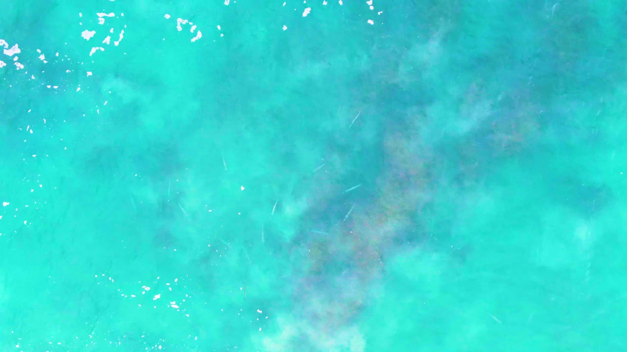 Clear blue-green water with faint submerged texture and small white surface bubbles.
