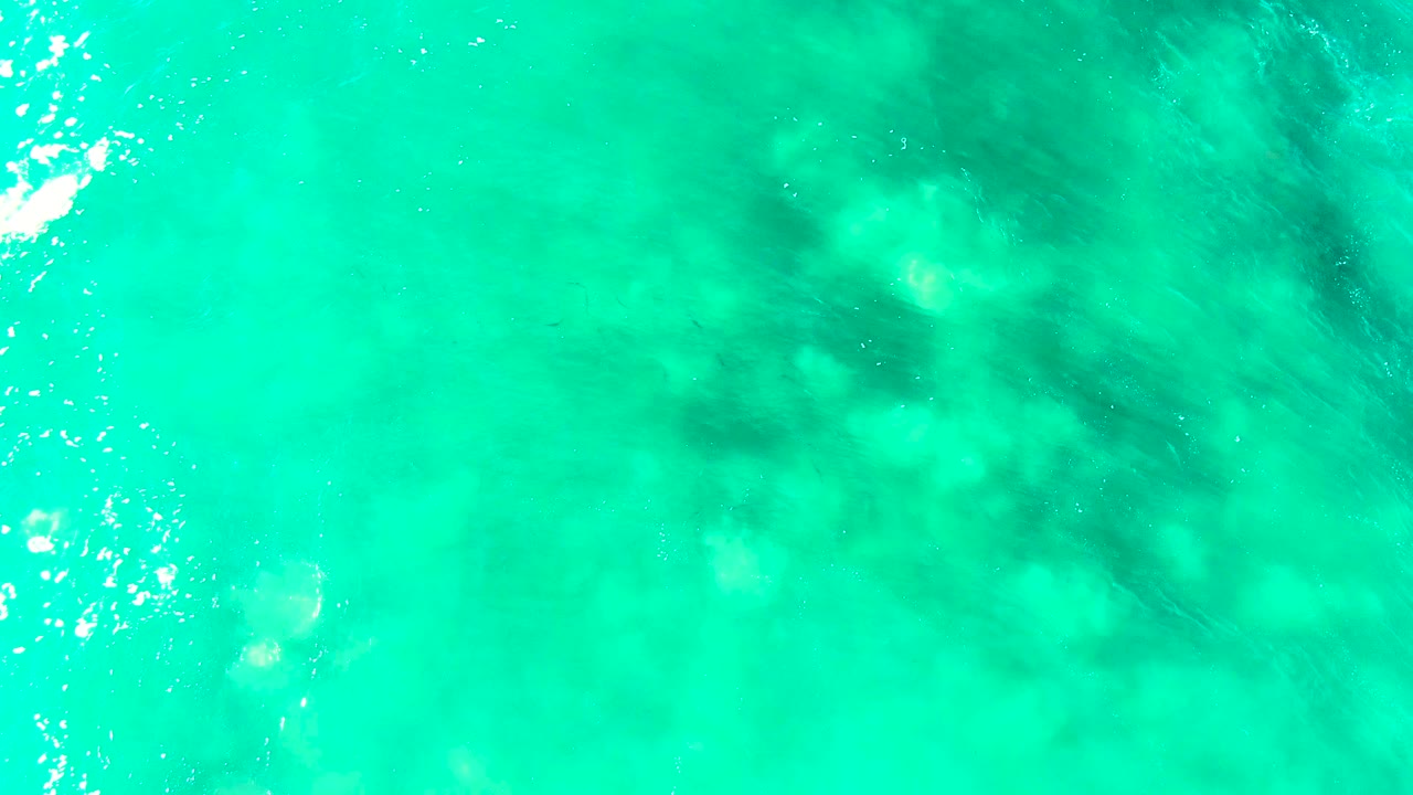 Overhead view of turquoise shallow water at Punta Buzzards with darker submerged patches near the upper frame and no visible people.