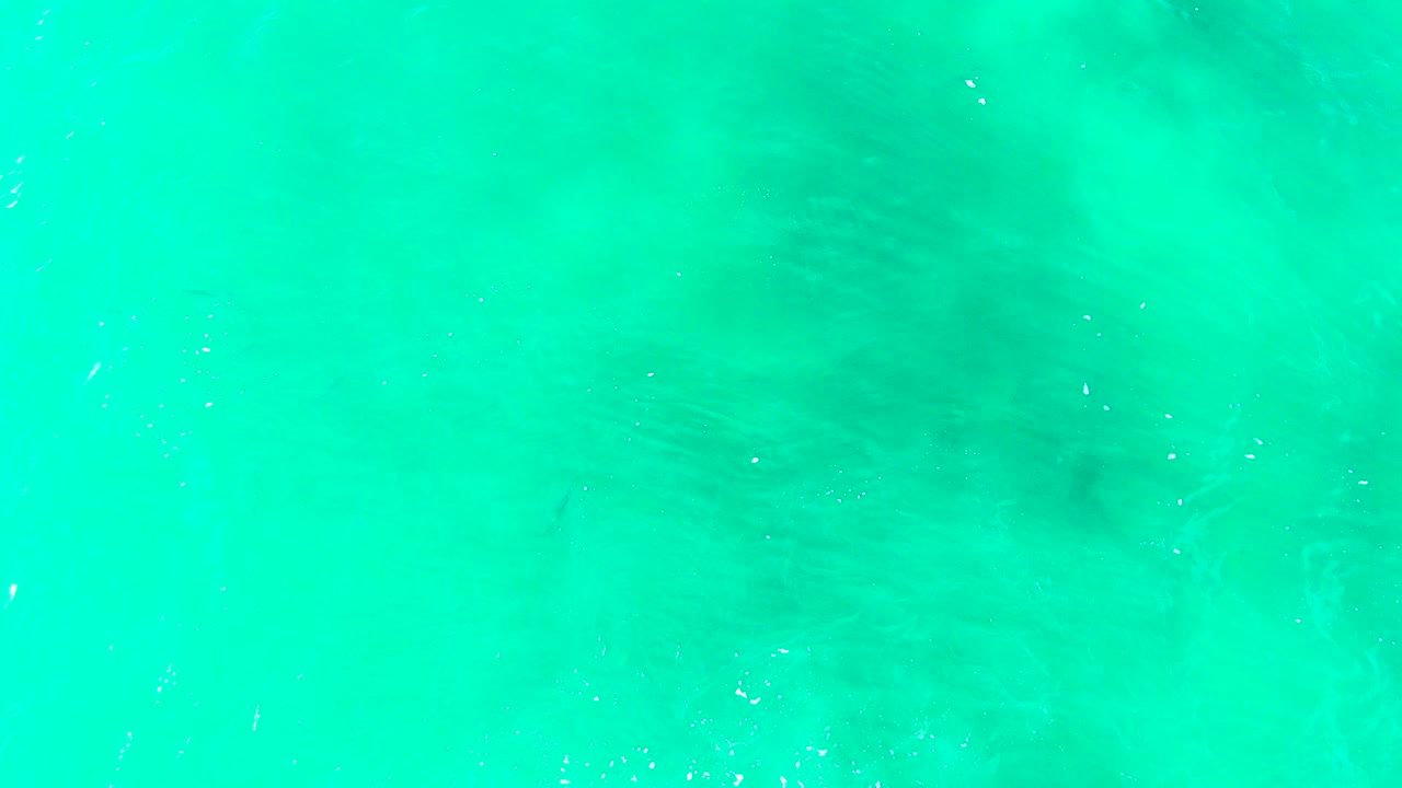 Turquoise ocean surface at Punta Buzzards with darker seafloor shapes showing through the clear water and no visible people.