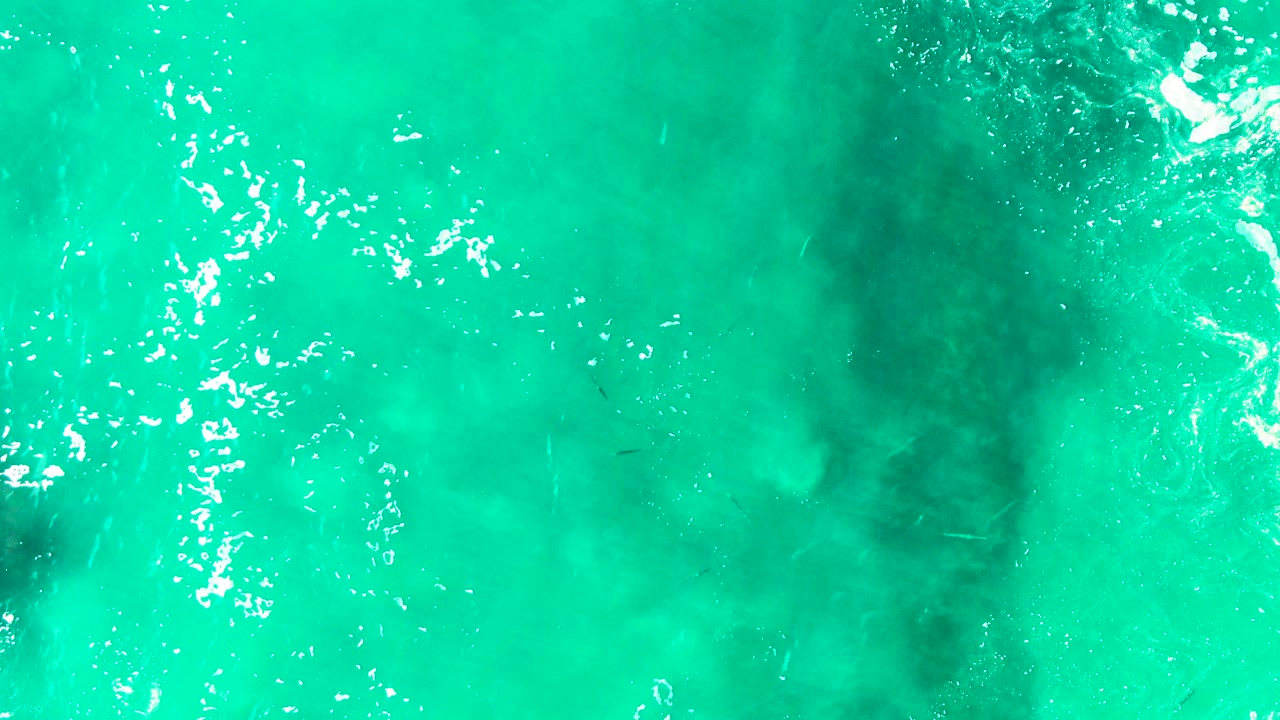 Overhead view of clear turquoise ocean at Punta Buzzards, Baja California Sur, where white foam breaks across the surface and a dark central underwater area remains visible, with no visible people.