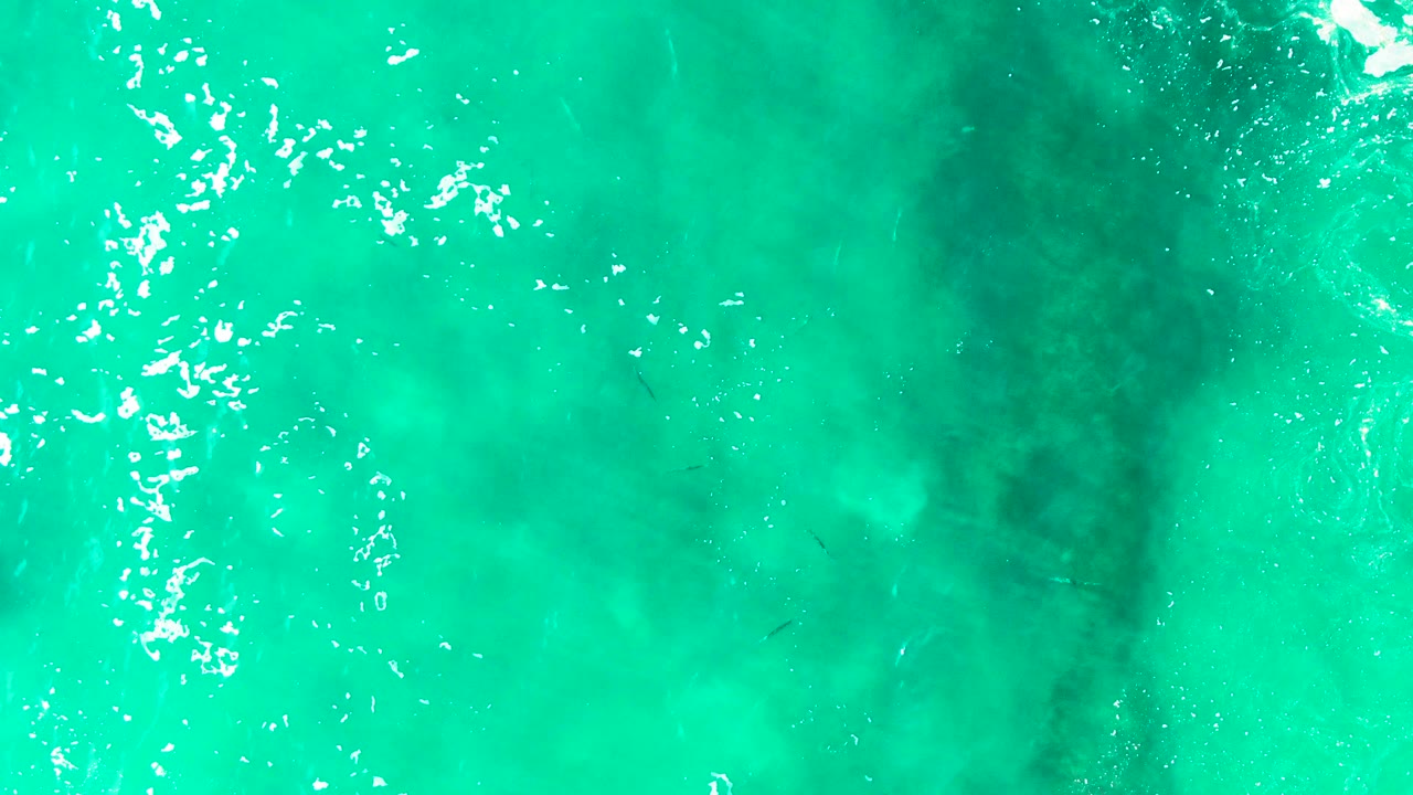 Overhead Punta Buzzards ocean water with white foam streaks on the left, a dark underwater patch near the middle, bright turquoise color, and no visible people.