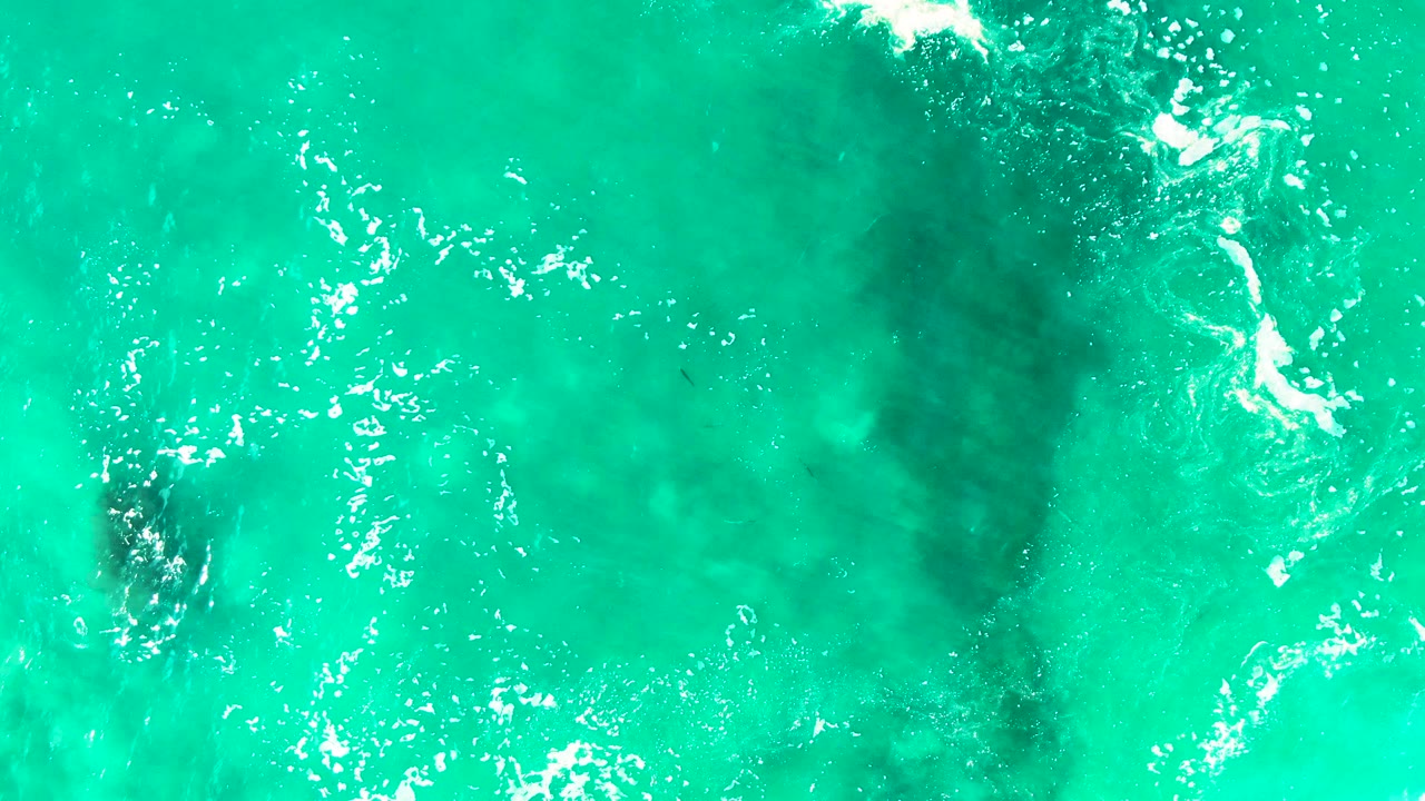 Overhead view at Punta Buzzards with white foam curling near a darker underwater area in clear turquoise water and no visible people.
