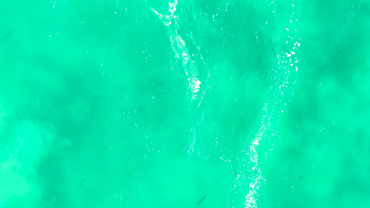 Overhead view of turquoise ocean water at Punta Buzzards with white surface ripples, faint fish below the clear water, and no visible people.