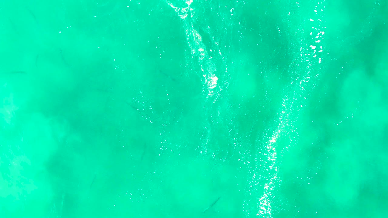 Overhead Punta Buzzards ocean view with green-blue water, soft pale underwater patches, scattered surface highlights, and no visible people.