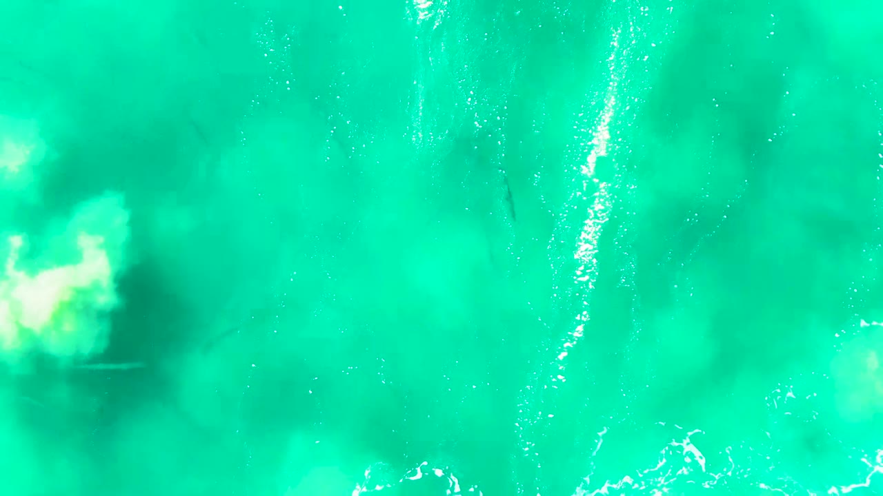 Top-down view of turquoise water at Punta Buzzards, Baja California Sur, with pale wave wash on the left, small dark fish shapes below the surface, and no visible people.