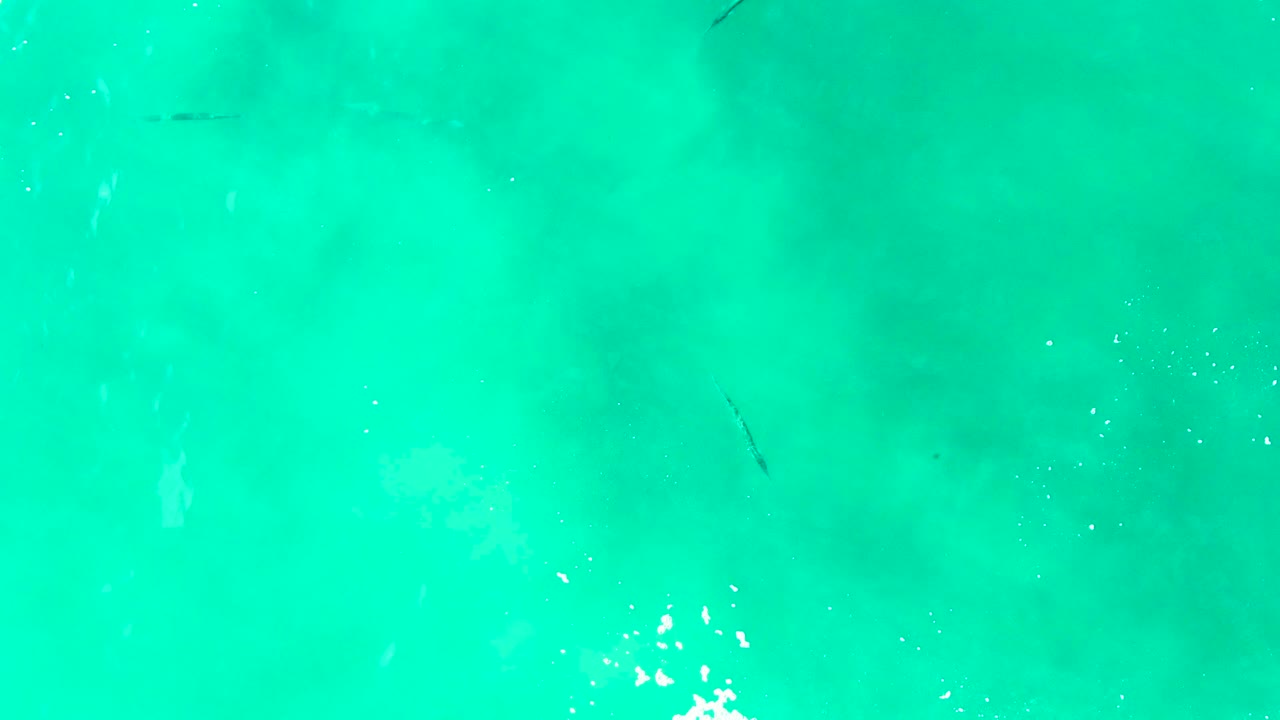 Clear turquoise ocean water at Punta Buzzards with scattered tiny bubbles, subtle darker patches under the surface, a few narrow fish shapes, and no visible people.