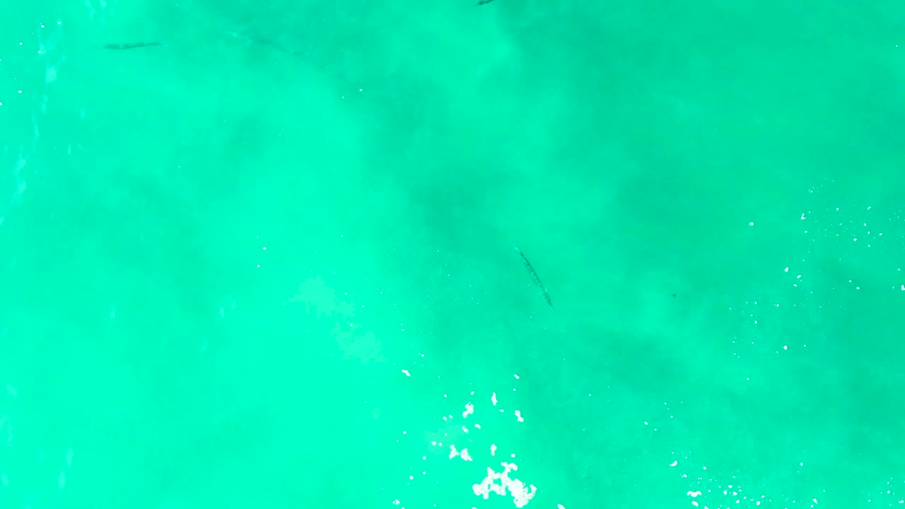 Overhead Punta Buzzards water frame with a bright white foam patch near the lower right, faint fish shapes across the turquoise surface, and no visible people.