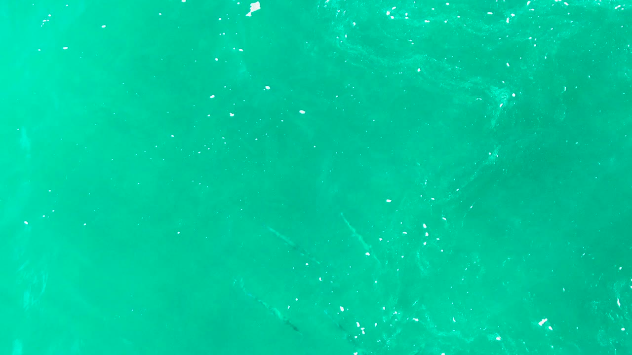 Overhead turquoise ocean at Punta Buzzards, Baja California Sur, with scattered white bubbles, faint fish shapes under the surface, and no visible people.