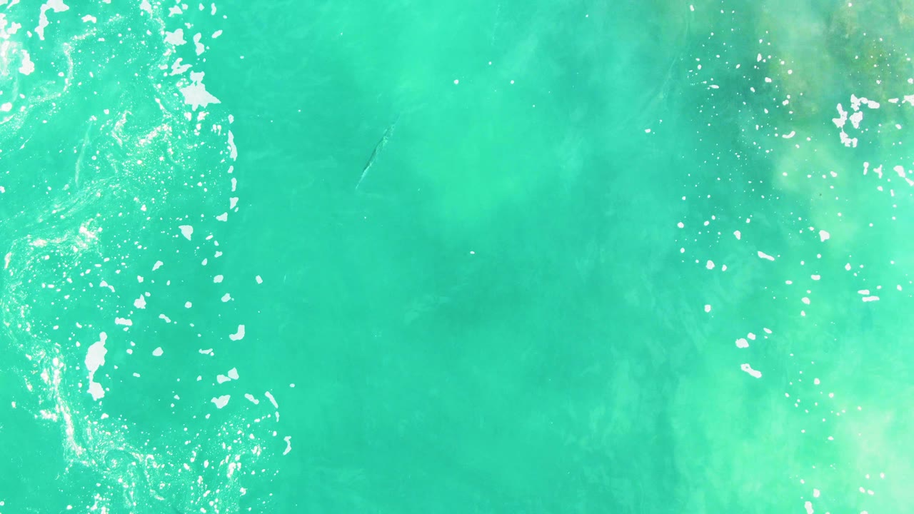 Turquoise ocean surface with white foam and a small fish below