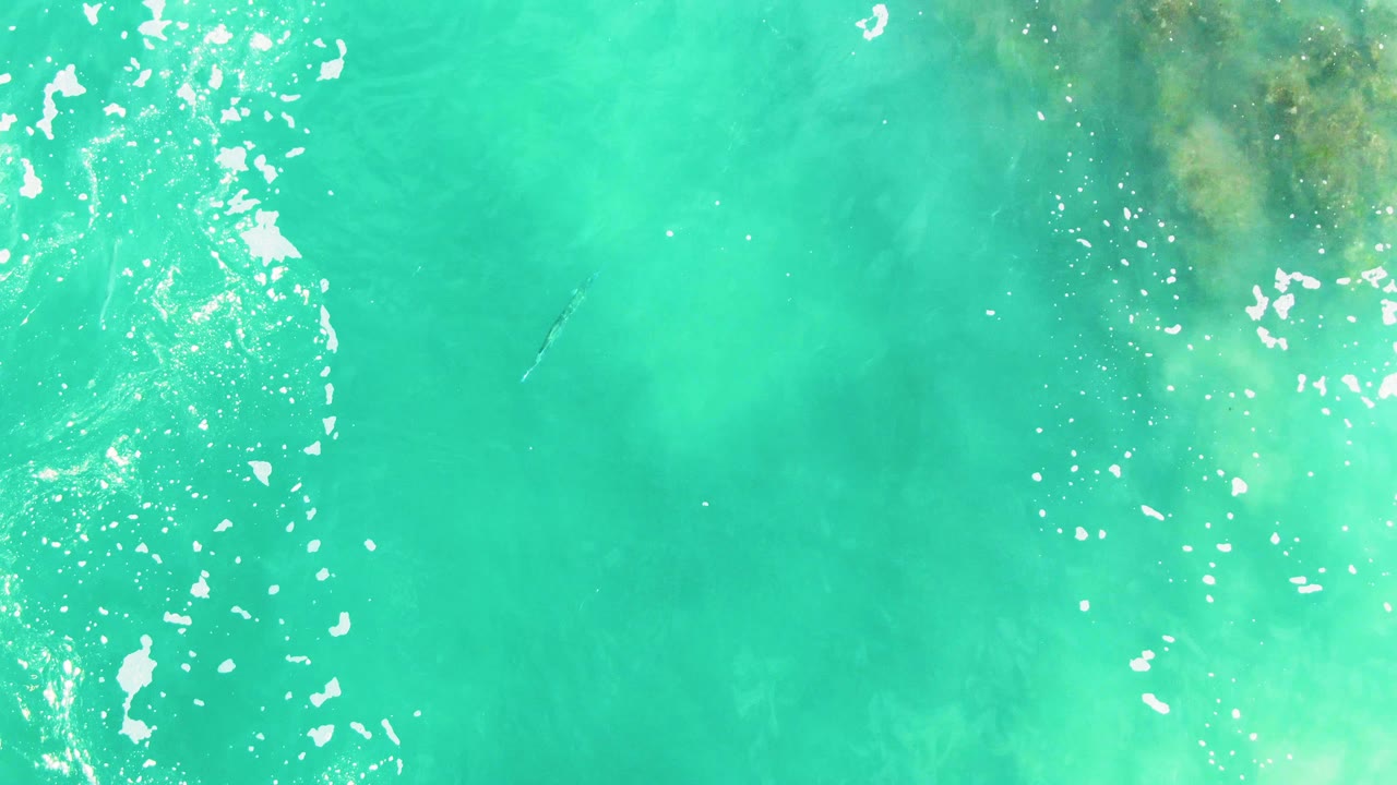 A later overhead frame shows turquoise Punta Buzzards water with bright foam streaks, soft darker patches under the surface, and no visible people.