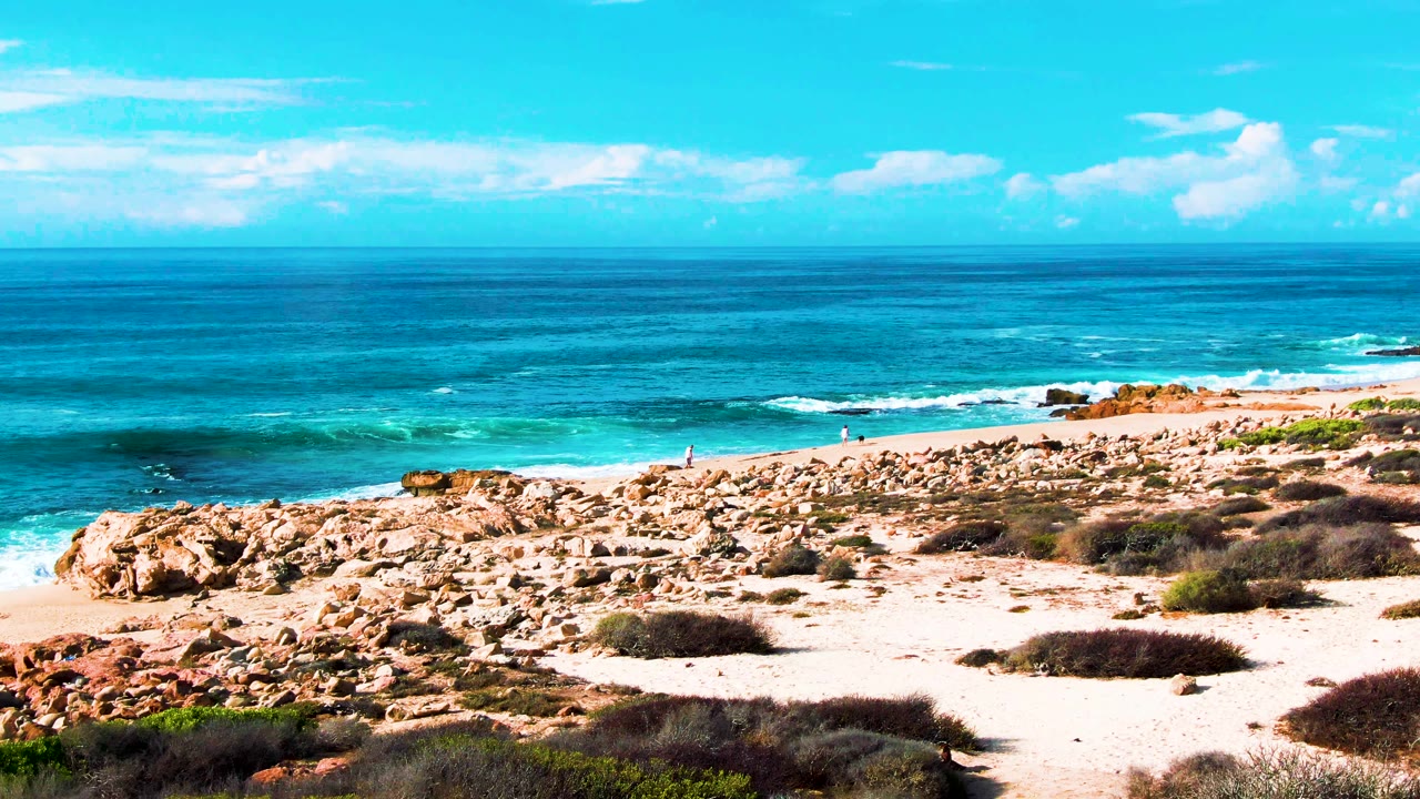 Buzzards Beach shoreline with blue and turquoise water behind pale sand, rocks, low shrubs, a level horizon, and no visible people.