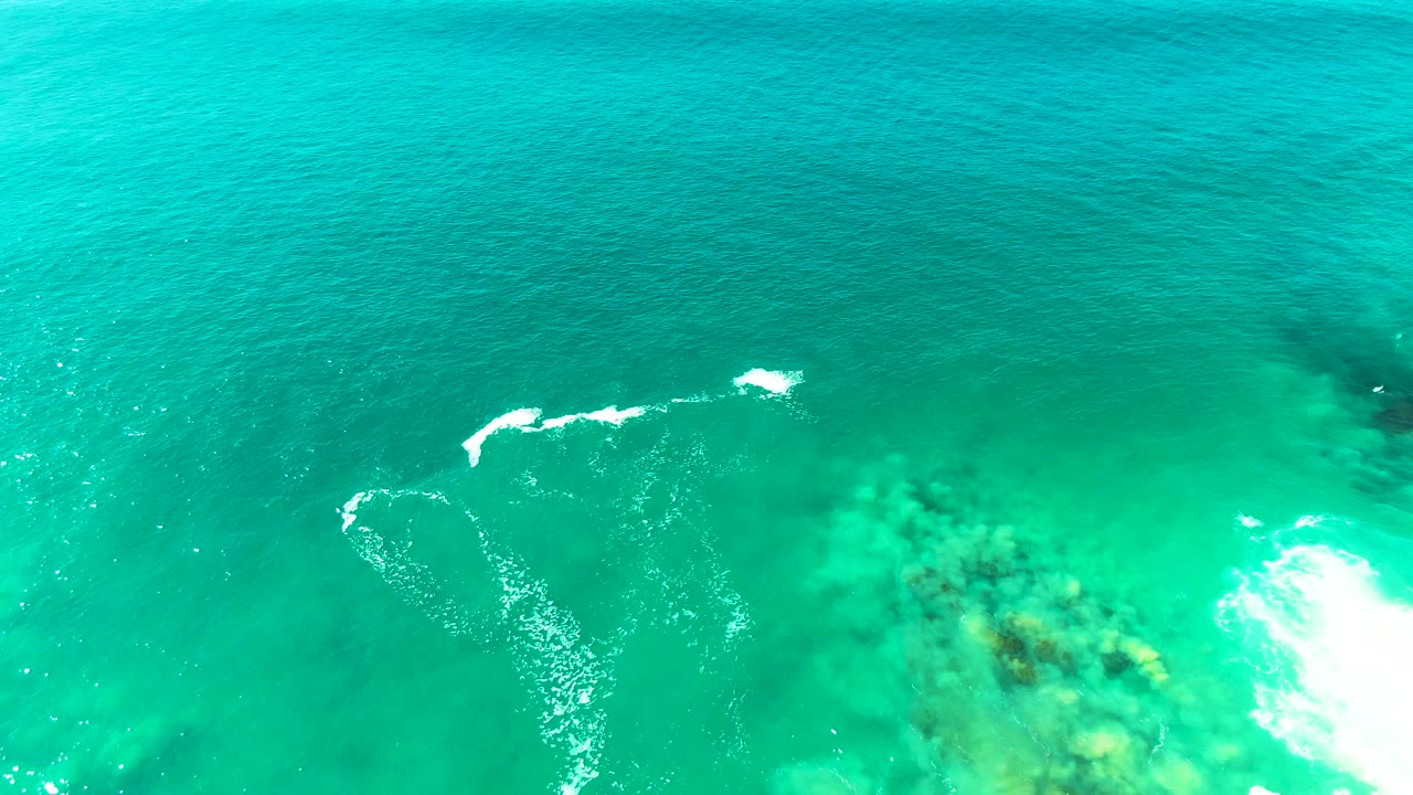 Aerial frame at Punta Buzzards shows a longer white foam line crossing clear turquoise ocean above darker underwater rock or coral, with no visible people.