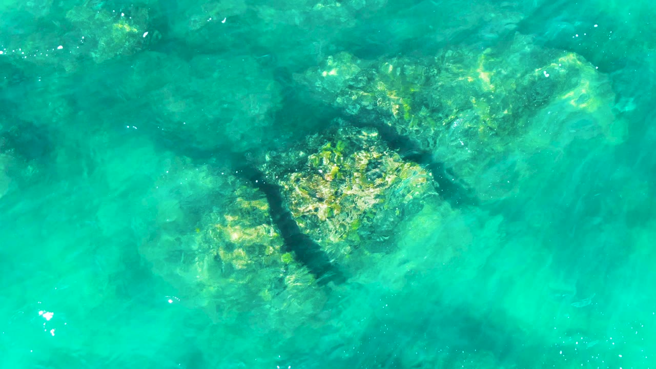 At 0:02, the sea turtle shape sits nearer the center of the overhead Buzzards Beach frame, surrounded by turquoise water and pale reef or rocks, with no visible people.