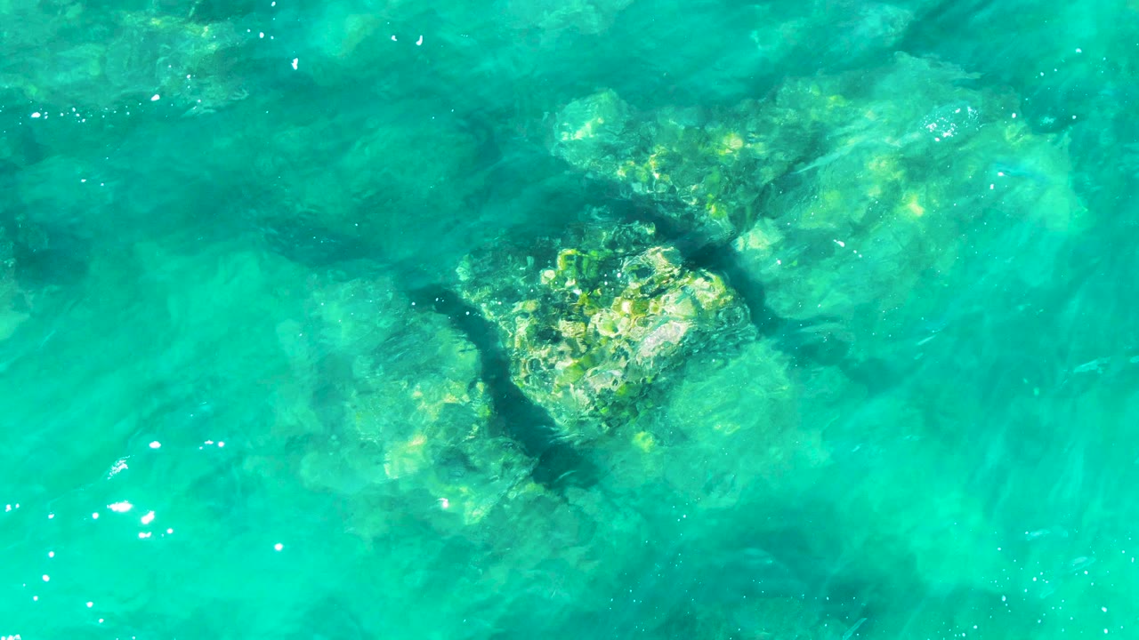 At 0:03, the overhead view at Buzzards Beach shows the turtle shape passing near a bright submerged rock patch in rippled turquoise water, with no visible people.