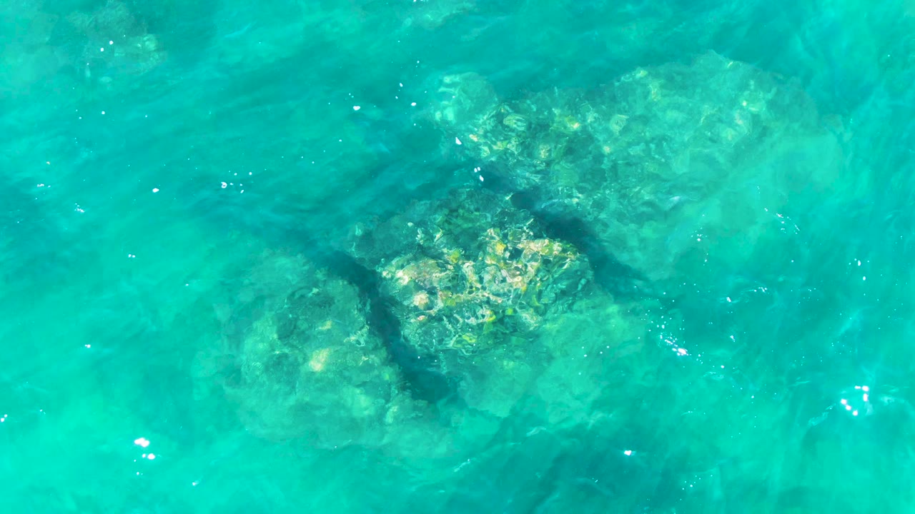 Overhead view of turquoise water at Punta Buzzards with a submerged rock cluster near the left side and no visible people.