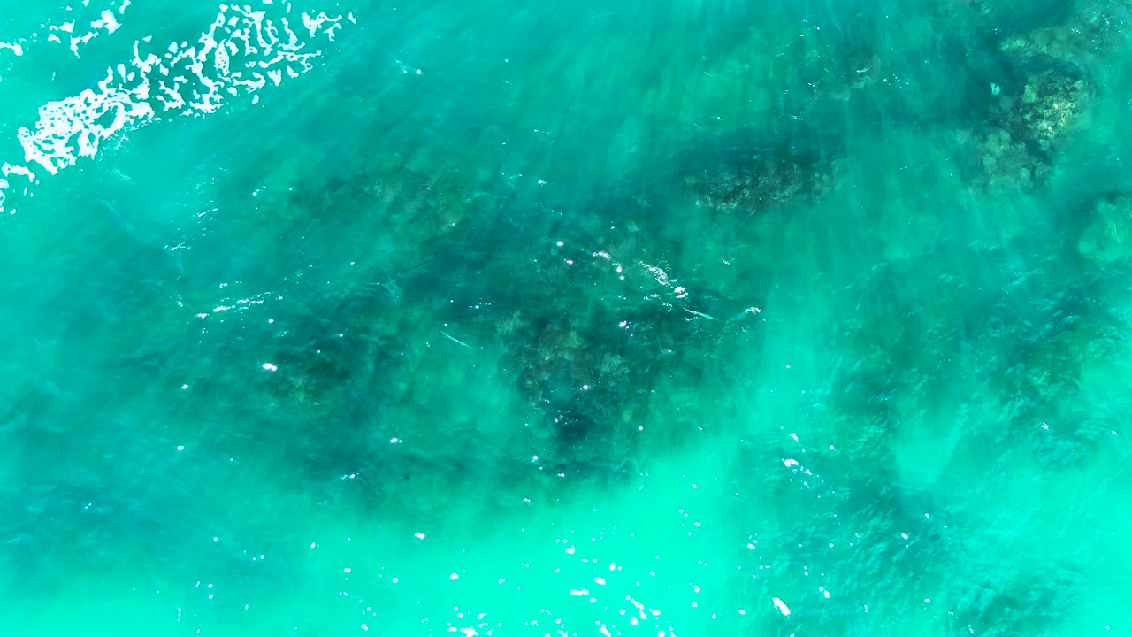 Aerial frame over clear teal ocean at Punta Buzzards, Baja California Sur, where darker rock patches sit beneath the surface and small white glints mark the rippled water, with no visible people.