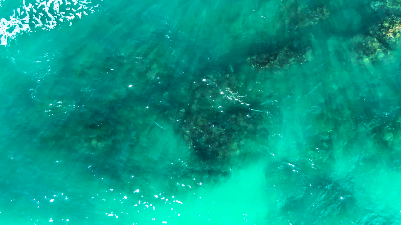 Top-down water detail from Punta Buzzards, Baja California Sur, showing turquoise shallows, several darker reef-like underwater patches, faint wave lines, and no visible people.