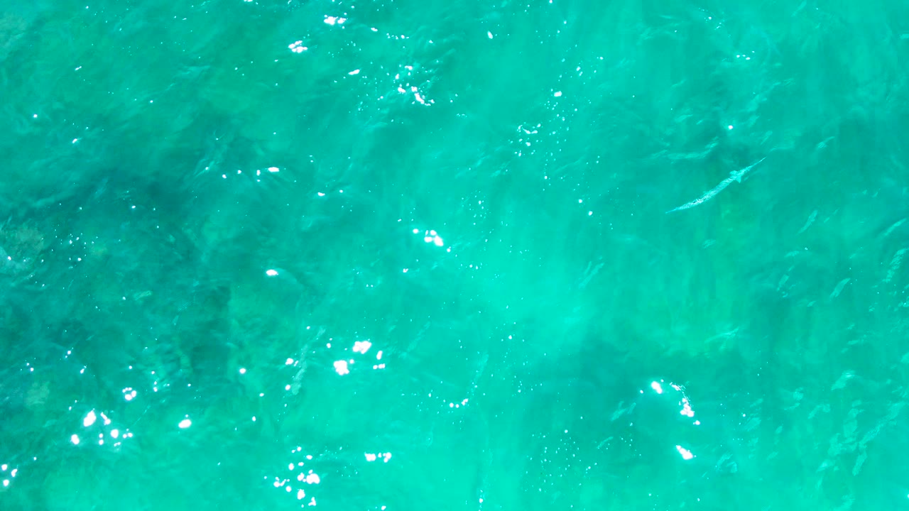 Transparent ocean surface in Baja California Sur reveals muted coral or rock shapes under turquoise water, with light scattered across the ripples and no visible people.