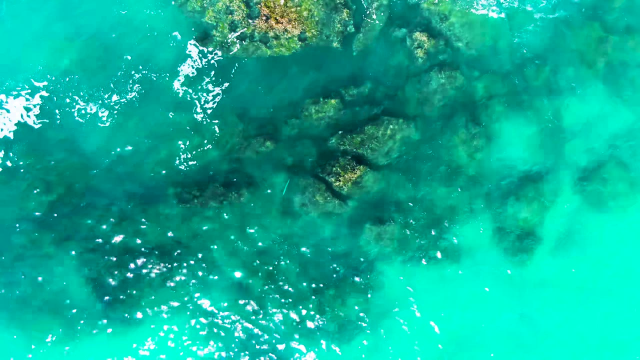 Overhead view of clear turquoise water at Punta Buzzards, Baja California Sur, with dark submerged rocks near the upper frame and no visible people.
