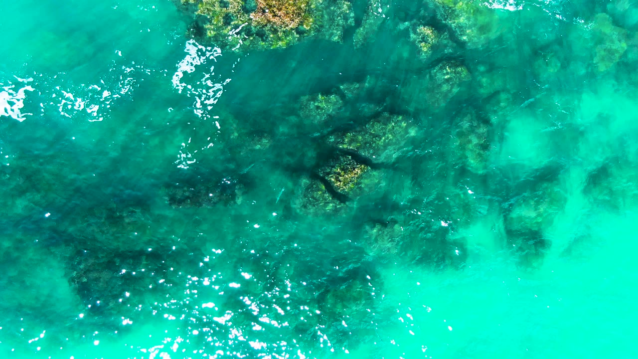 Clear blue-green ocean at Punta Buzzards shows a darker rocky patch under the surface, scattered foam near the top, and no visible people.