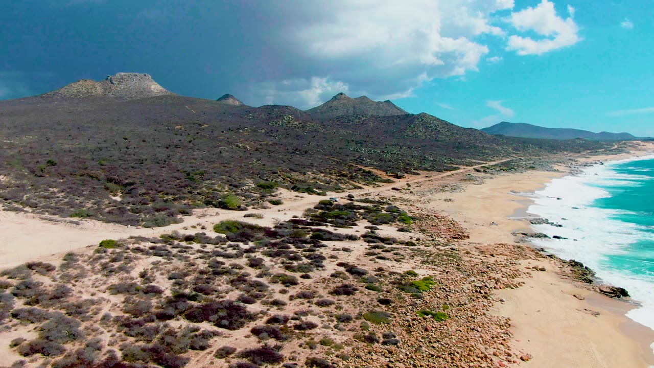 Aerial view of arid beach with shrubs, rocky sand, surf, and mountains