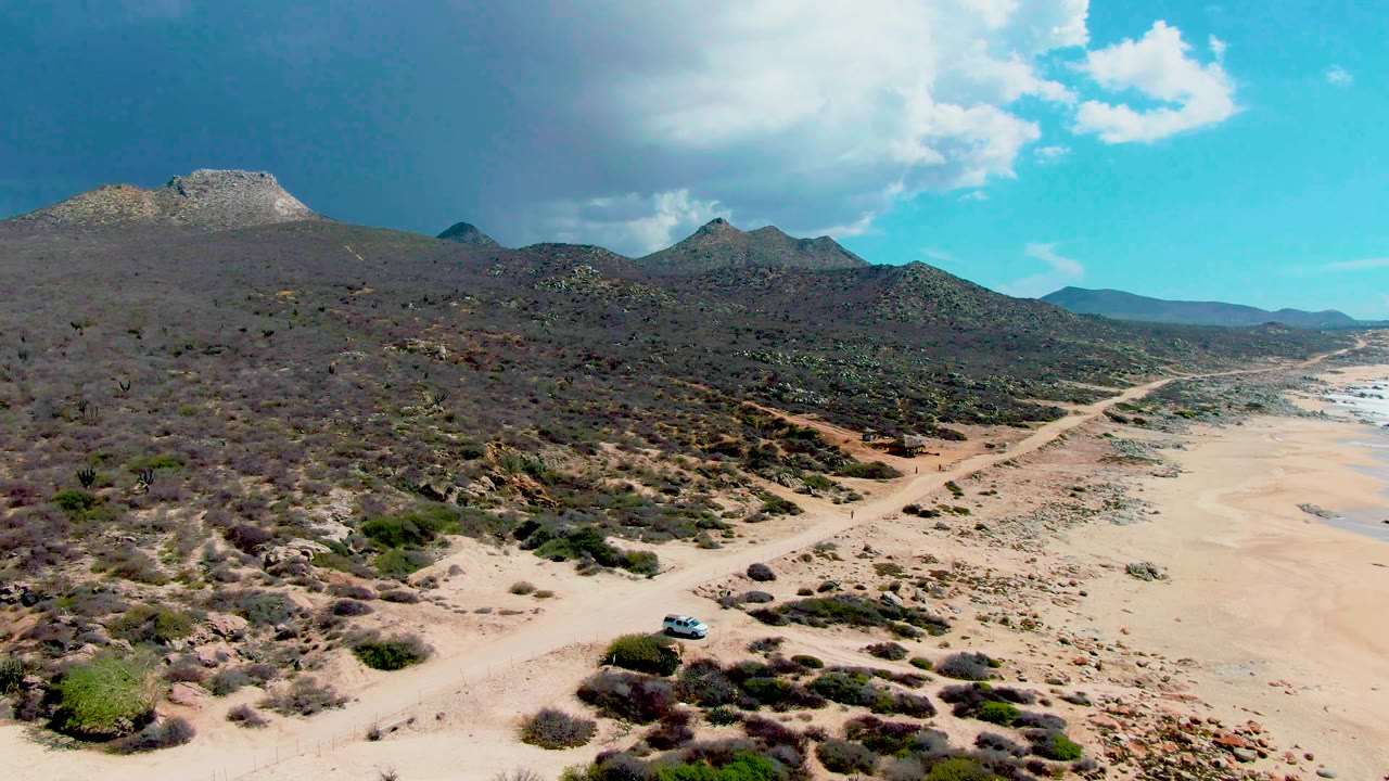 Aerial frame over Punta Buzzards showing the road curving through scrub toward the beach edge, with the car near the lower center and no visible people.