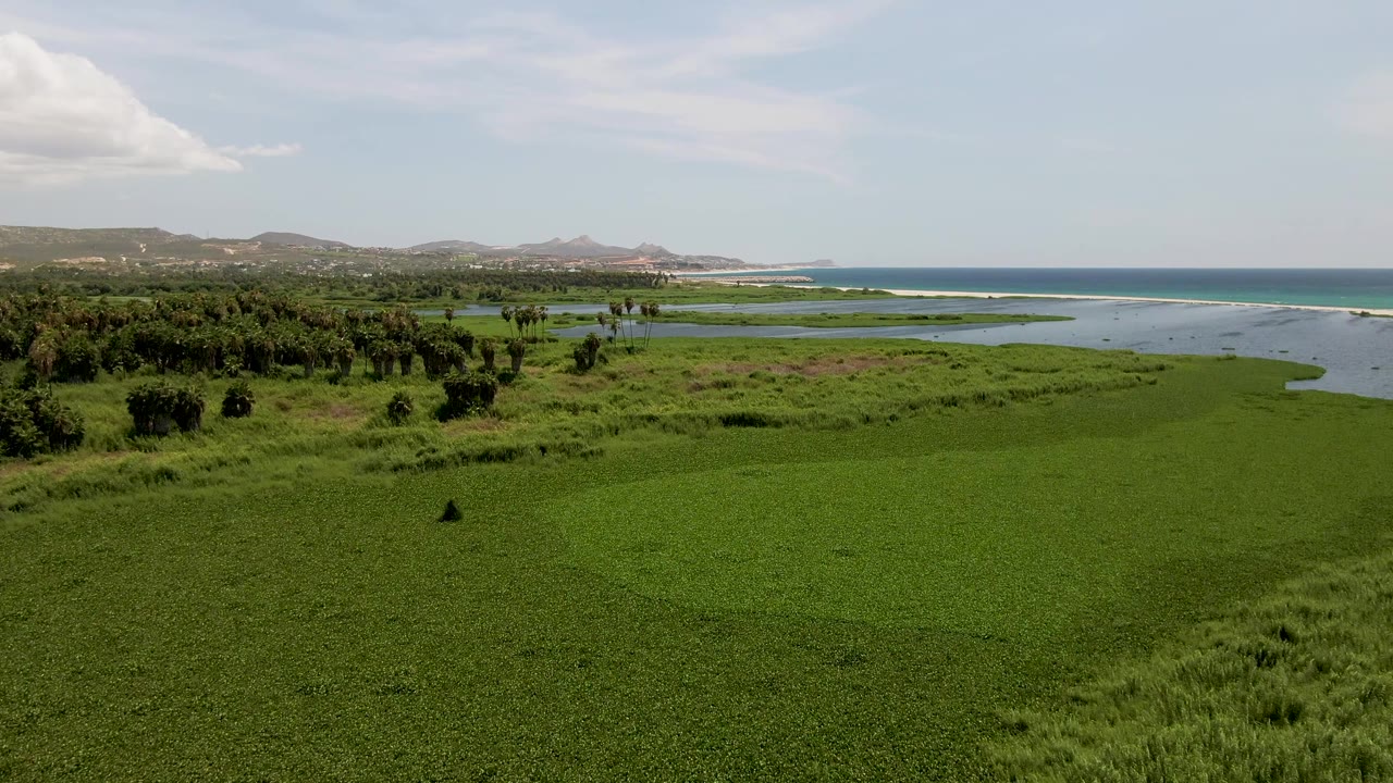 The second frame holds a wide aerial view in San Jose del Cabo with marsh plants across the foreground, lagoon-like water midframe, ocean on the right horizon, and no visible people.