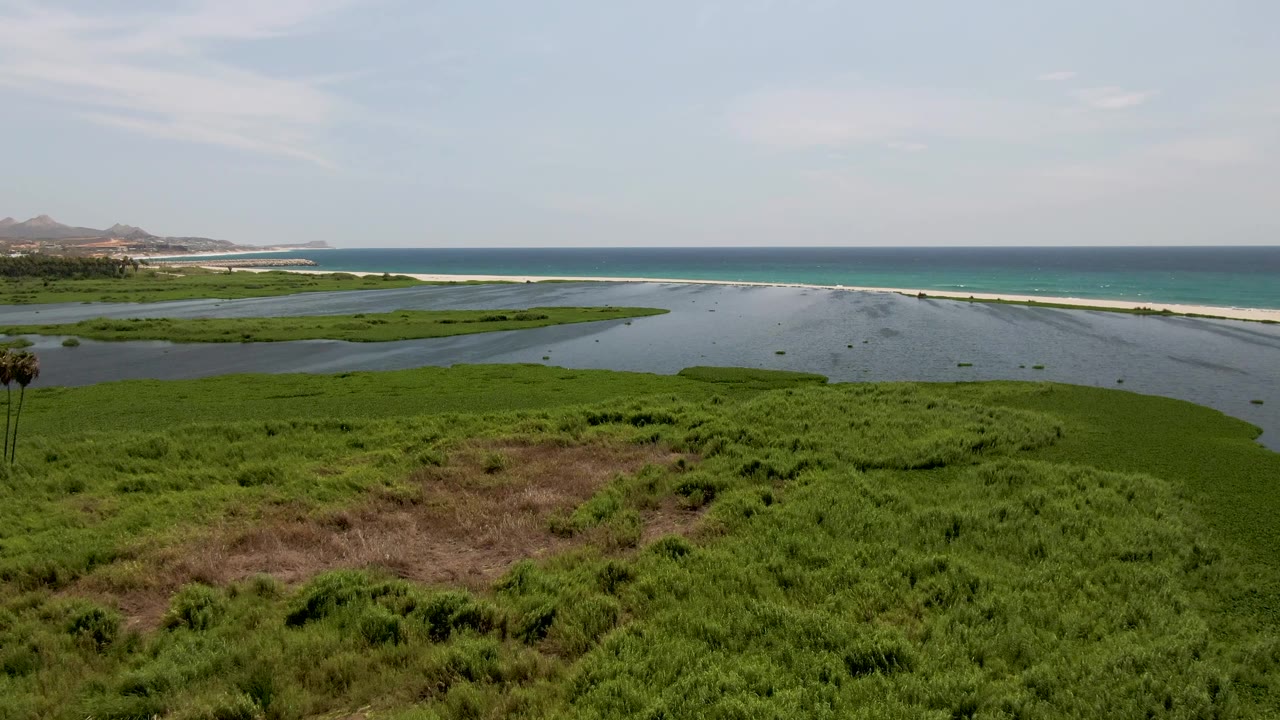 San Jose Del Cabo marshland spreads across the foreground with the lagoon in the center, ocean and sandbar in the background, distant coastline left, and no visible people.