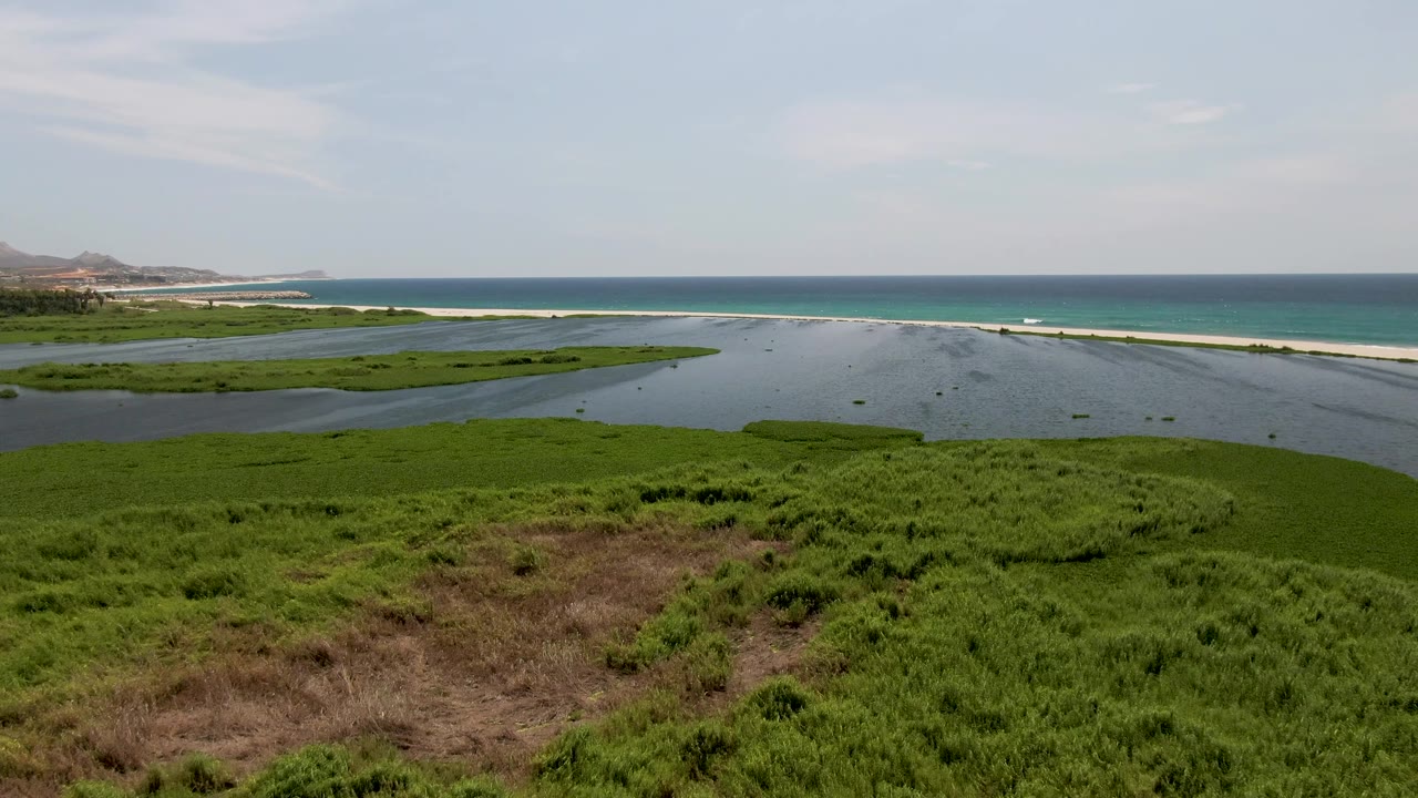 At three seconds, the San Jose Del Cabo lagoon remains centered behind foreground marsh grass, with the ocean band and sandbar across the background and no visible people.