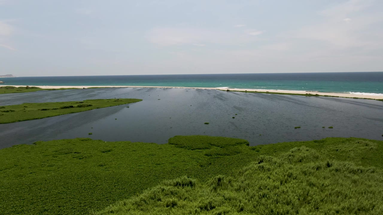 At one second, the San Jose Del Cabo shoreline remains in a wide aerial composition with marsh plants below, rippled tidal water in the center, ocean surf beyond the sand, and no visible people.