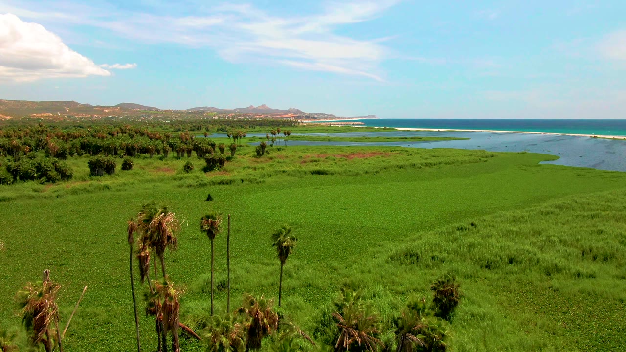 Drone view across green wetland toward ocean and hills