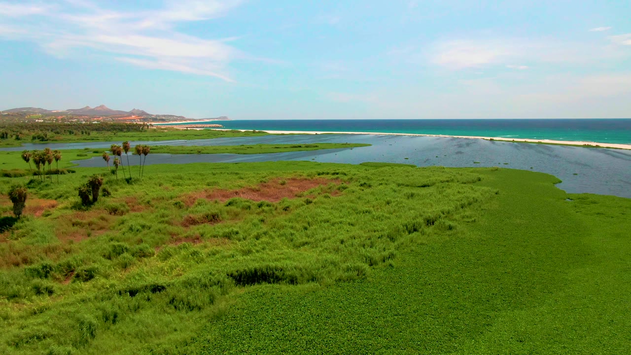 San Jose del Cabo aerial frame showing a broad green wetland, darker lagoon water, a narrow sandbar beside the ocean, low hills to the left, light cloud streaks, and no visible people.