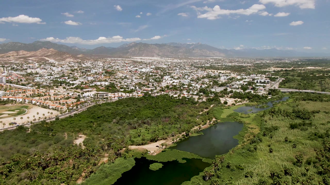 Aerial frame over San Jose del Cabo showing multiple green water areas, dense trees, pale city blocks, a roadway at midframe, distant mountains, and no visible people.