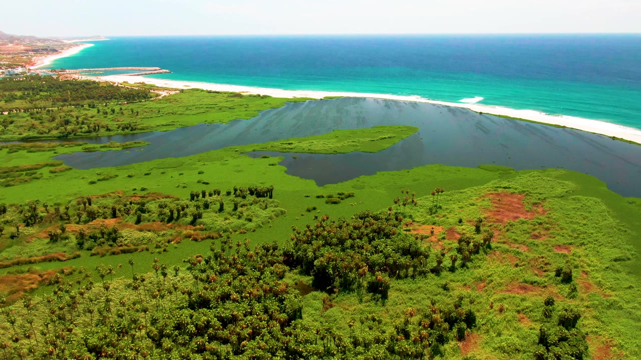 San Jose Del Cabo aerial looking across green marsh foreground to a central lagoon, a narrow beach, and blue-green ocean water with no visible people.