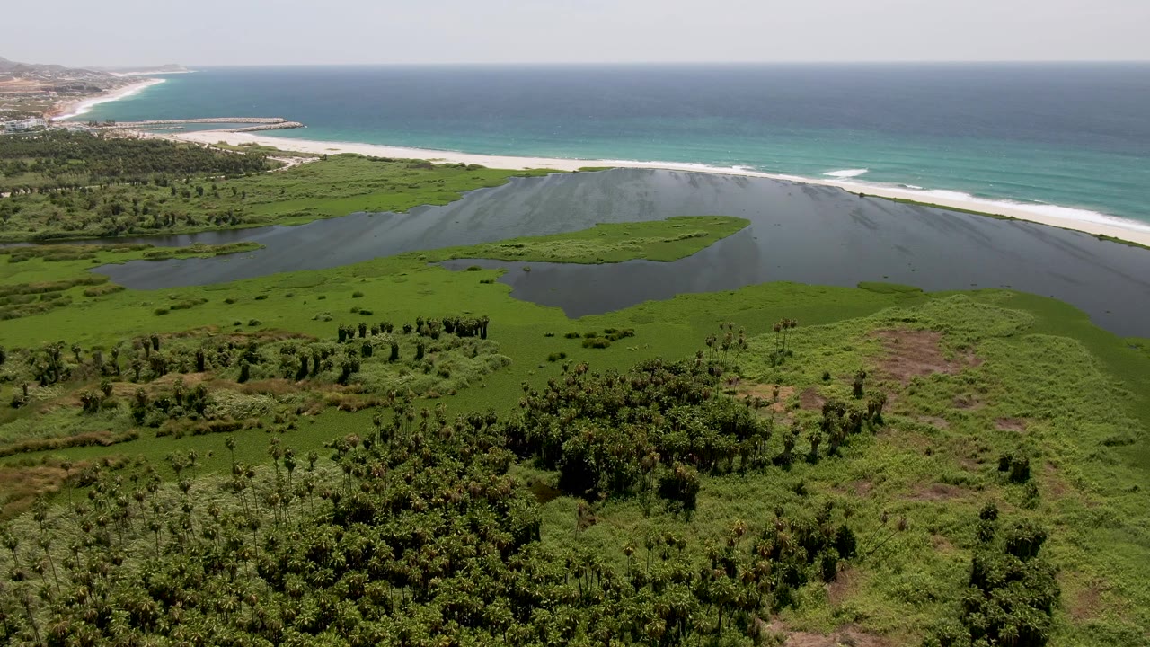 Aerial view of a coastal lagoon, green wetlands, beach, and ocean.