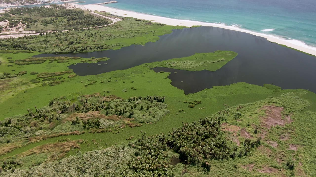 Mid-clip aerial over San Jose Del Cabo with a broad dark lagoon, green marsh flats, white beach along the upper frame, turquoise ocean, and no visible people.