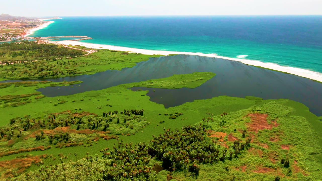 Mid-clip aerial frame from San Jose Del Cabo shows the lagoon opening toward a long pale beach, with green wetland in the foreground, ocean waves beyond, and no visible people.