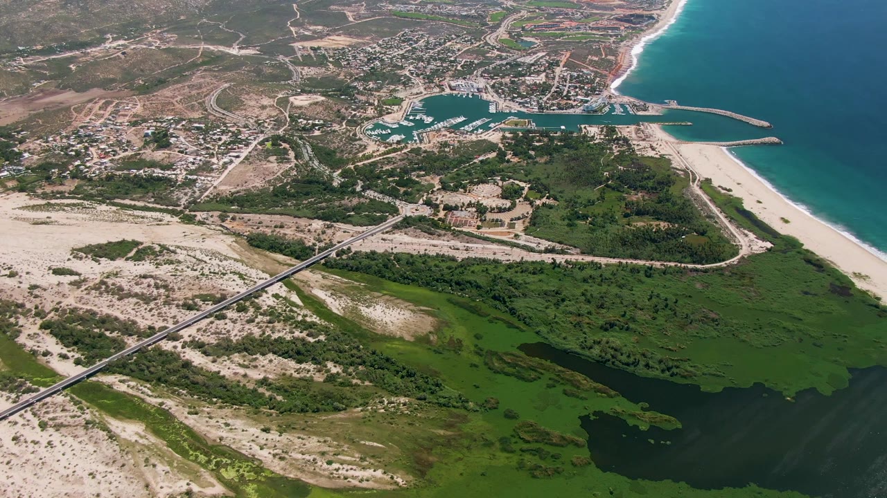 Aerial frame over San Jose Del Cabo with green lagoon water in the foreground, a long bridge across pale sand, a marina and town beyond, turquoise ocean at right, and no visible people.