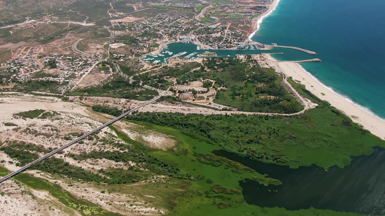 Aerial view over San Jose Del Cabo with dark lagoon water along the lower edge, green marshy areas, a bridge crossing left to center, a pale beach strip, marina basin, town, and no visible people.