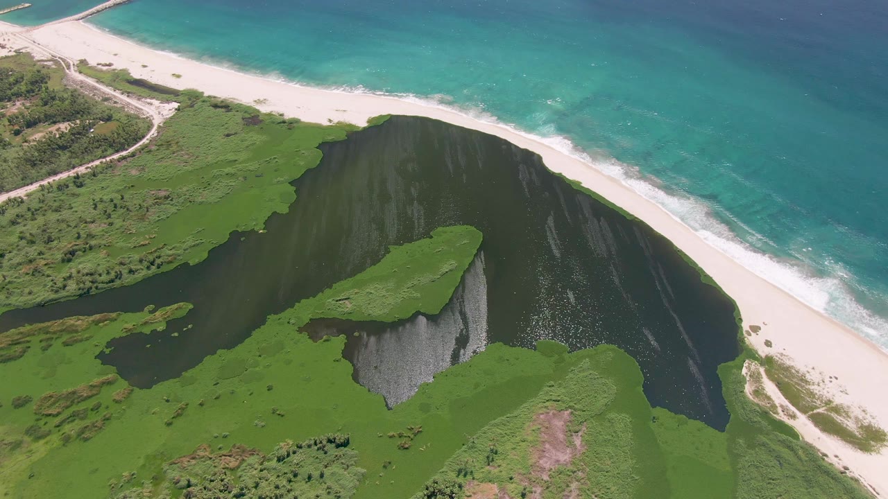 Drone-style aerial over San Jose del Cabo with white surf tracing the sandy shore, dark lagoon water below, and a green cliff island shape near the foreground with no visible people.