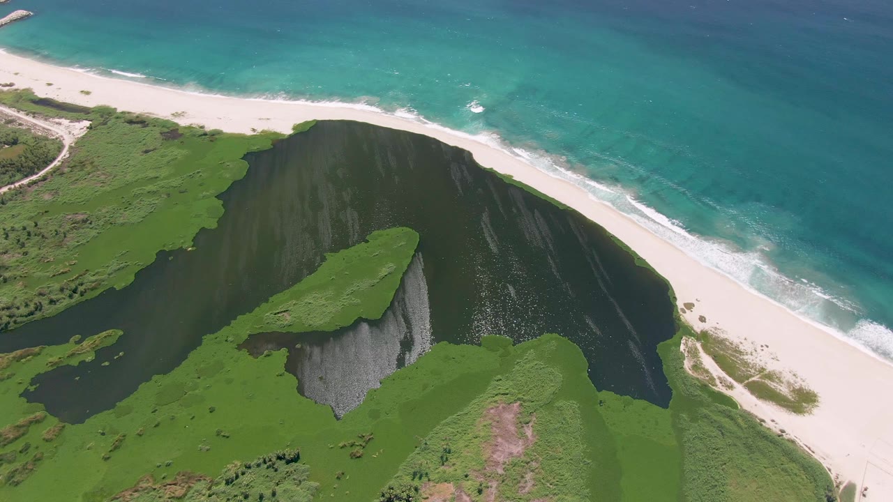 Drone view in San Jose Del Cabo with a steep green cliff projecting into dark lagoon water, bright beach sand beyond it, turquoise sea, and no visible people.