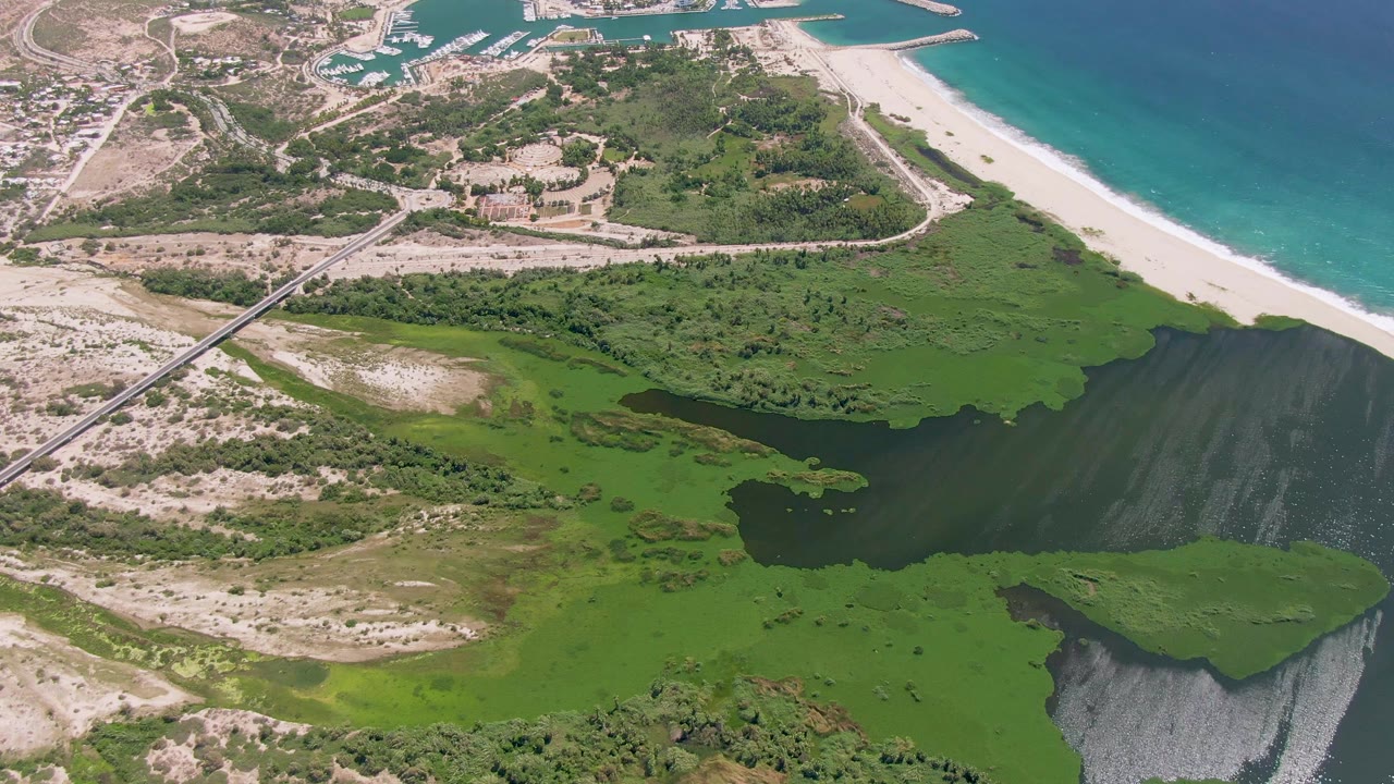Overhead view in San Jose del Cabo, Mexico, showing green wetlands, dark lagoon water, a pale beach, turquoise ocean, roads, and no visible people at the start of the clip.